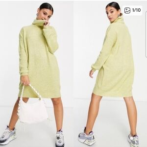 Noisy May Fine Gauge Knitted Oversized Sweater Dress Yellow Green Turtleneck XS